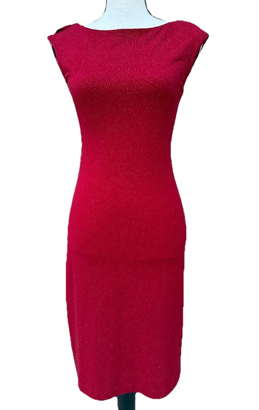 Y2K La Belle size S Shiny red Vintage cocktail Dress bodycon, Low Neckline Drape